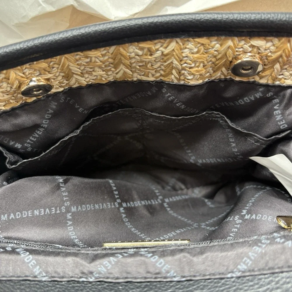Steve Madden Womens Black Bwebber Straw Satchel Crossbody Purse Bag Earbud Case‎